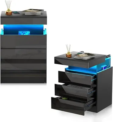 Produktbild von Nachttisch 2er Set, Nachtschrank Schwarz mit 3 Schubladen, Nachttisch mit Beleuchtung, 2 AC Steckdosen, 2 USB Anschlüsse, Beistelltisch für Schlafzimmer Schwarz 45x40x67cm
