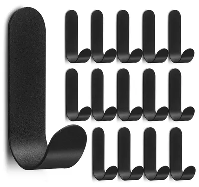 Image de 15 crochets adhésifs, petits crochets adhésifs en acier inoxydable, crochets muraux sans perçage, crochets de cuisine, crochets pour serviettes de bain, de cuisine et d'armoire (noirs)