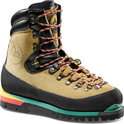 Bergschuh "Nepal Top" von La Sportiva in beige mit bunten Schnürsenkeln und robustem Profil.