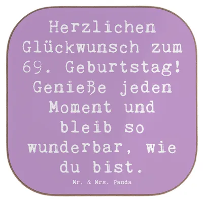 Produktbild von Mr. & Mrs. Panda Untersetzer für Gläser Spruch 69. Geburtstag Glückwünsche - Lavendeltraum - Geschenk, besondere Nachricht, Coaster, Familie, Glas, Glück, bieruntersetzer