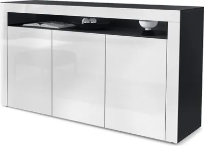 Produktbild von Vladon Sideboard Valencia,  Germany, Kommode mit 3 Türen und 1 offenem Fach, Schwarz matt/Weiß Hochglanz/Weiß Hochglanz (155 x 92 x 40 cm)