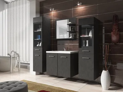 A modern bathroom vanity set with a sink, mirror, and storage cabinets.