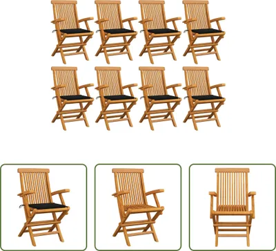Produktbild von The Living Store Gartenstühle mit Schwarzen Kissen 8 Stk. Massivholz Teak