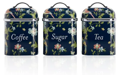 Image de VQ Laura Ashley Boîtes de Rangement Lot de 3 Acier Inoxydable Thé Café Sucre avec Couvercles Amovibles Elveden Navy