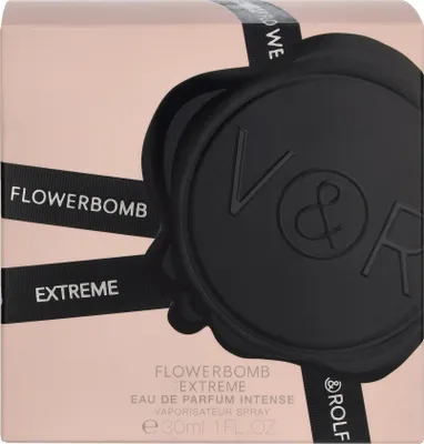 A close-up of the Viktor & Rolf Flowerbomb Extreme perfume box, showing the brand's signature seal and ribbon details.