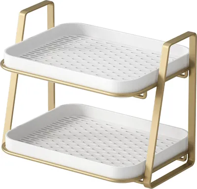Image de 2 Tier Dish Rack White Tray Dry Shelf Kitchen Storage Desktop Organizer Metal Rack with Plastic Tray