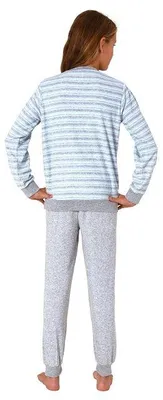 Produktbild von Mädchen Frottee Pyjama in Ringel-Optik, warmer Schlafanzug mit Bündchen in tollen Farben ; hellblau , 140