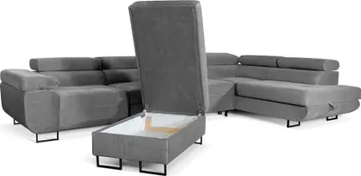 Produktbild von Ecksofa Aller Lang XL Eckcouch mit Schlaffunktion und Bettkasten in Grau Ecksofa mit Hocker Ottomane Rechte