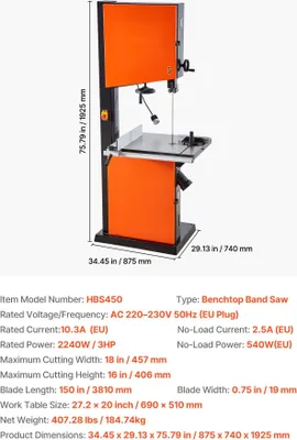Productafbeelding van Lintzaag - Bandzaagmachine - Motor 2240 W (3 pk) - Zaagcapaciteit 457x406 mm - Gietijzeren Tafel 690x510 mm - 360° Werkverlichting - Verstek- en Parallelgeleider