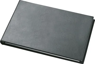 A closed black ring binder is shown from a slightly elevated angle against a white background.