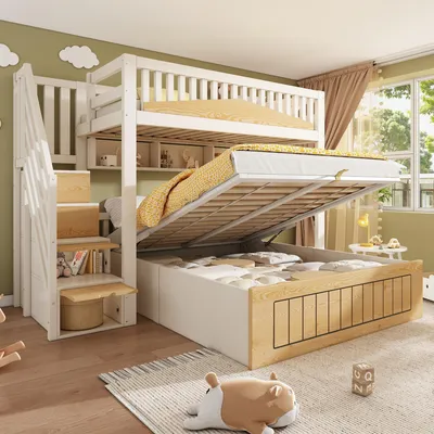 Produktbild von Flieks Hydraulisches Etagenbett 90x200cm/140x200cm mit Stauraum, Hochbett mit Ladefunktion, Kinderbett Stockbett mit Regal und Schubladen, Weiß