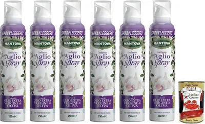 Produktbild von 6x Fratelli Mantova Condimento all'Aglio,Spray Nativem Olivenöl Extra Knoblauch aromatisiert,Italienisches Sprühöl 200ml + Polpa di Pomodoro 400g Dose