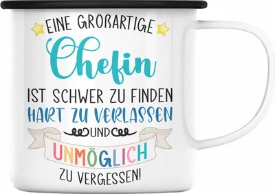 Produktbild von Trendation - Chefin Abschied Abschiedsgeschenk Chefinnen Emaille Tasse mit Spruch Grossartige Chefin Geschenkidee (Schwarz)