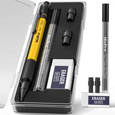 Obrázek produktu pro Sada mechanických tužek s tloušťkou hrotu 1,3 mm, obsahující 12 náplní, pryž a kovové pouzdro, barva černá, 1 kus