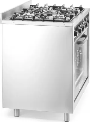 Immagine prodotto di Piano cottura a gas HENDI - 5 piastre con forno elettrico, Linea Cucina, argento, 230V/2900W, 14,3kW, 900x653x(H)900mm
