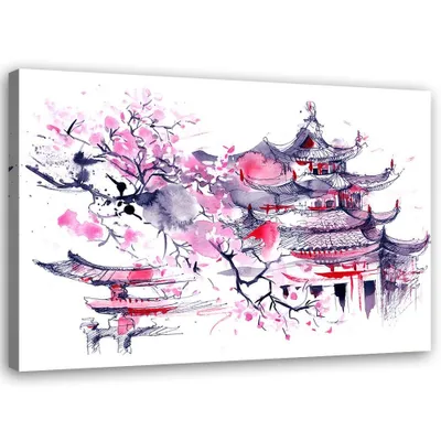 Produktbild von Leinwandbild japan pagode aquarell 120x80 cm Feeby rosa wandbild bereit zum aufhängen