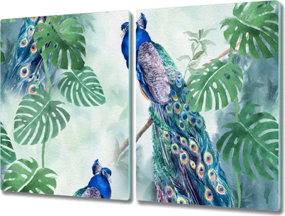 Produktbild von Coloray Schneidebrett Herdabdeckplatte 2x40x52 cm Kochplattenabdeckung Hackbrett Küchenbrett - Zweig Blätter Vogel Pfau