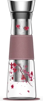 Obrázok produktu pre Sklenená karafa na čaj/kávu Eve "Cherry Blossom" vyrobená zo skla so sitkom a vekom z nehrdzavejúcej ocele. S podšálkou 1,25 l, V 30 cm, Ø 10 cm