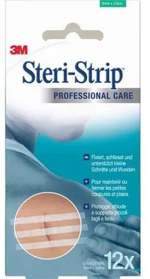 Productafbeelding van Steri Strip steriele pleisters, 6 mm x 38 mm, voor het fixeren, afsluiten en ondersteunen van kleine snijwonden en verwondingen. Verpakking met [aantal] pleisters