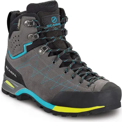 Zustiegsschuh Zodiac Plus GTX von Scarpa in Grau mit blauen und gelben Akzenten; geeignet für Damen.