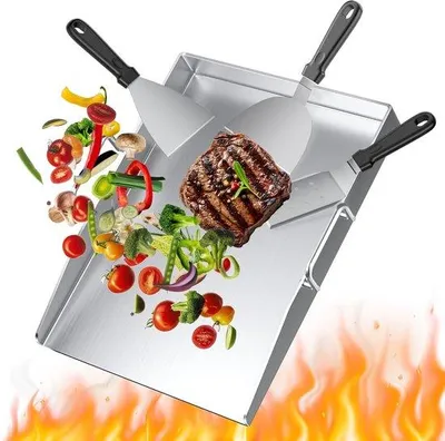 Zdjęcie produktu dla Zestaw płyt do grillowania ze stali nierdzewnej Unyqoos® o wymiarach 40x30 cm (4 mm) – płyty do grillowania do grillów gazowych i węglowych, z powłoką nieprzywierającą, odporne na temperaturę do 800 °C, w zestawie łopatka i skrobak