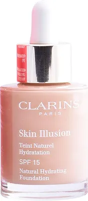 A bottle of Clarins Skin Illusion Natural Hydrating Foundation with a dropper applicator.