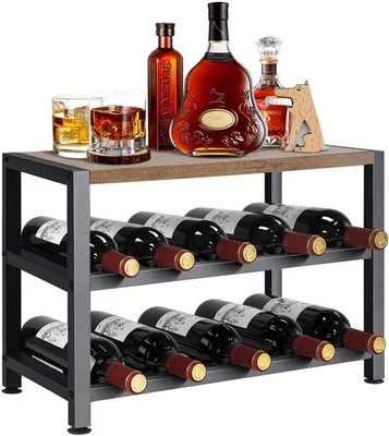 Image de Casier à vin de table en métal et en bois pour 10 bouteilles, casier à vin empilable à deux niveaux en métal et en bois, casier à bouteilles robuste pour la cuisine, le bar, la salle à manger ou le salon