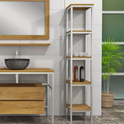 Image de Étagère Teako Design Salonia en teck avec structure en acier 35 x 35 x 180 cm