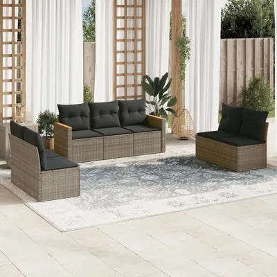Produktbild von Design 7-tlg. Garten-Sofagarnitur mit Kissen Grau Poly Rattan, Gartenmöbel-Sets 2024 Neu