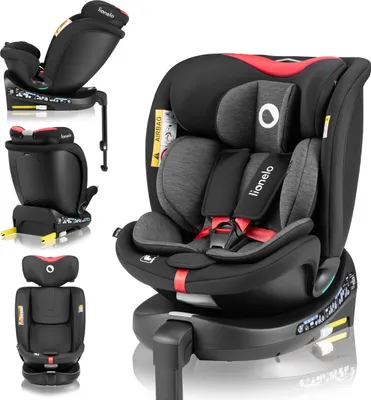 A collage of images showing a black and red child car seat from different angles and configurations.