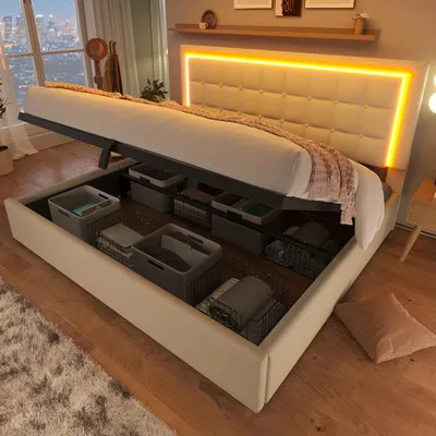 Obrázok produktu pre Flieks Čalúnená posteľ 160x200 cm s lamelovým roštom a úložným priestorom, posteľ Boxspring s rámom postele Led, Manželská posteľ s úložným priestorom Funkčná posteľ z umelej kože, biela