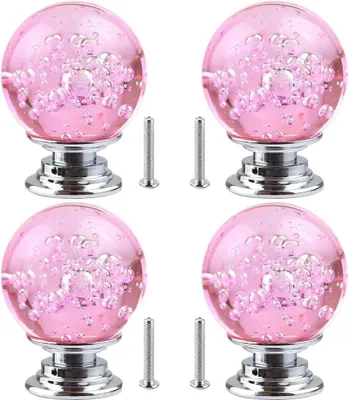Productafbeelding van Deurgrepen 4 stuks, transparant roze bubbelglas, 30 mm diameter, inclusief schroeven