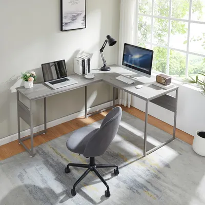 Produktbild von Schreibtisch 'Karlstang' L-förmig Stahlgestell 166 x 120 x 75 cm mit Holzmaserung Hellgrau