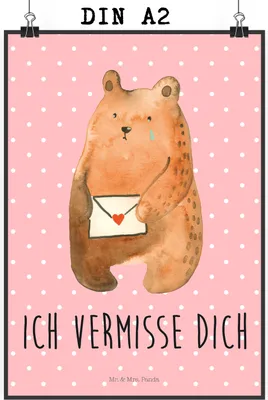 Produktbild von Mr. & Mrs. Panda Bild Bär Liebesbrief DIN A2 - Rot Pastell - Geschenk, Wandbild, Teddy, wanddeko, Sehnsucht, Freundin, Plakat, Vermissen, drucke, Partner
