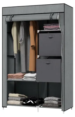 Produktbild von Stoffschrank, Faltschrank mit Schubladen, Kleiderschrank mit Kleiderstange Grau