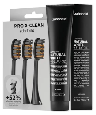 Produktbild von Zahnheld Zahnpasta Natural White mit Bürstenkopf Pro X-Clean im Vorteilspack in schwarz - Wechselköpfe, Zahncreme mit Fluorid und Aktivkohle