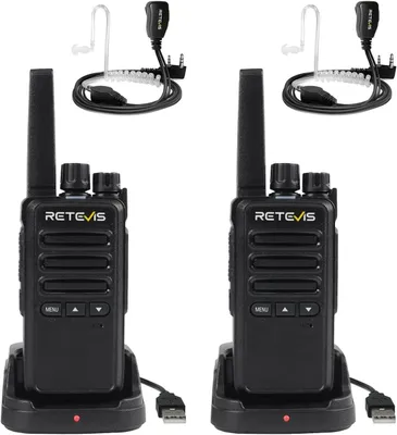 Two Retevis RT668B walkie-talkies with earpieces and charging docks are displayed against a white background.