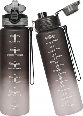 Produktbild von 1-Liter-Sportwasserflasche mit Strohhalm und Zeitmarkierungen, 2 Deckel
