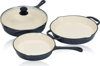 Three cast iron pans of different sizes are arranged on a white background.