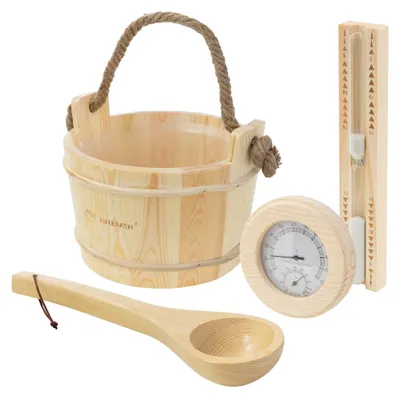 Obrázok produktu pre Sada príslušenstva do sauny LuxeBath, vyrobená z masívneho borovicového dreva, 4-dielna sada: drevený ved, saunová lopatka, teplomer s vlhkomerom a piesočný časovač (15 minút), objem vedra: 4 litre