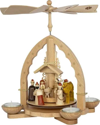Produktbild von Pyramide Geburt Christi mit Teelichter und Kerzen natur Höhe 27cm NEU