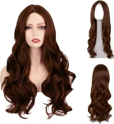 Produktbild von Lange Lockige Perücke, Braun Perücke für Frauen Damen, Mittelscheitel Lang Lockig, Lange Gewellt, Charmante volle Perücken, für Die Tägliche Party Halloween Karneval Cosplay (Braun)