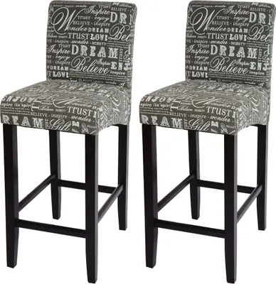 Two bar stools with a text-based pattern on a white background.