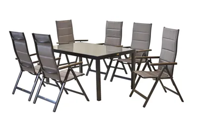 A set of outdoor furniture, including a table and six chairs, displayed on a white background.