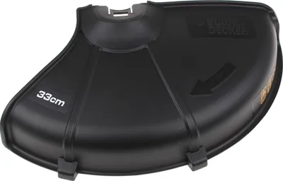 A black plastic guard for a string trimmer, shown from a diagonal angle.