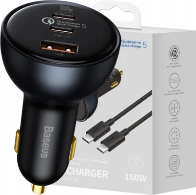 Immagine prodotto di Baseus Qualcomm Caricabatterie da auto, Usb, 2X Usb-C, 160W (Grigio)