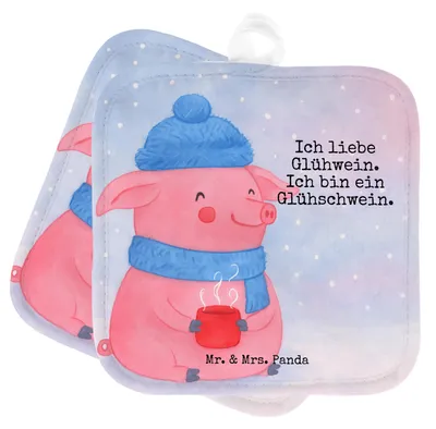 Produktbild von Mr. & Mrs. Panda Topflappen Schwein Glühwein Design - Weiß - Geschenk, Weihnachtsmarkt, Glühschwein, Set, Topflappenset, topfhalter, Topfuntersetzer, Weihnachten, Punsch