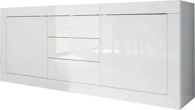 Image de Buffet BASICO, 2 Portes, 3 Tiroirs, Blanc Laqué brillant, L210xP42xH85,8 cm