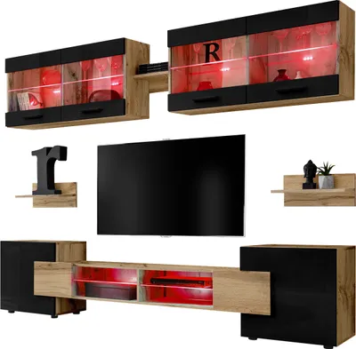 Produktbild von Komodee | Wohnwand, Wohnzimmerset RTV Foggia, Korpus Wotan Matt Frontfarbe Schwarz Hochglanz, LED RGB