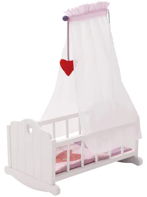 Produktbild von roba Puppenwiege aus Puppenmöbel Serie „Fienchen“, Puppenbett zum Wiegen inkl. textiler Ausstattung, Bettwäsche und Himmel, Puppenzubehör, weiß lackiert